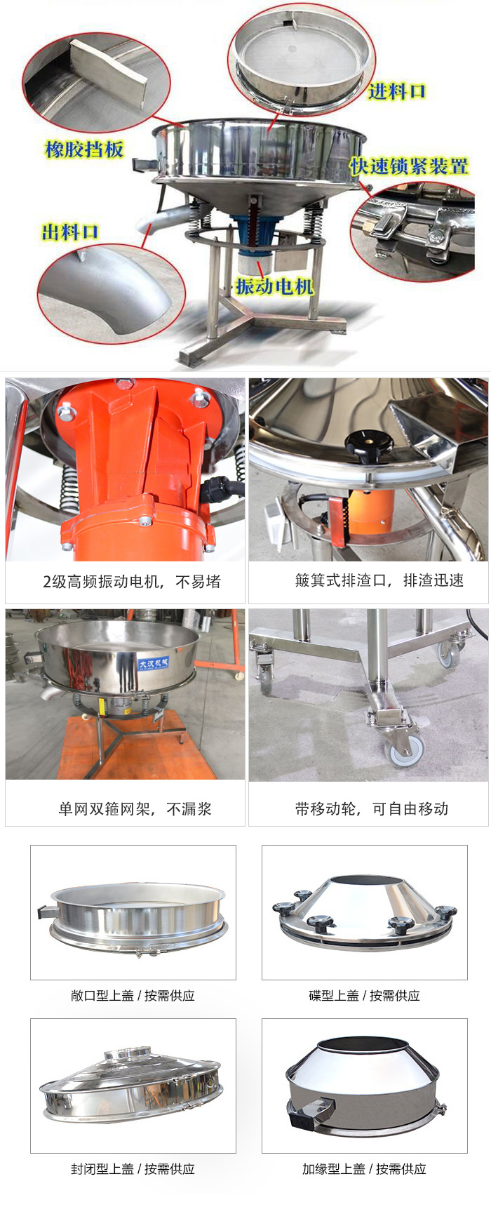 由高頻振動電機(jī)、進(jìn)料口、出料口、篩網(wǎng)等部分組成